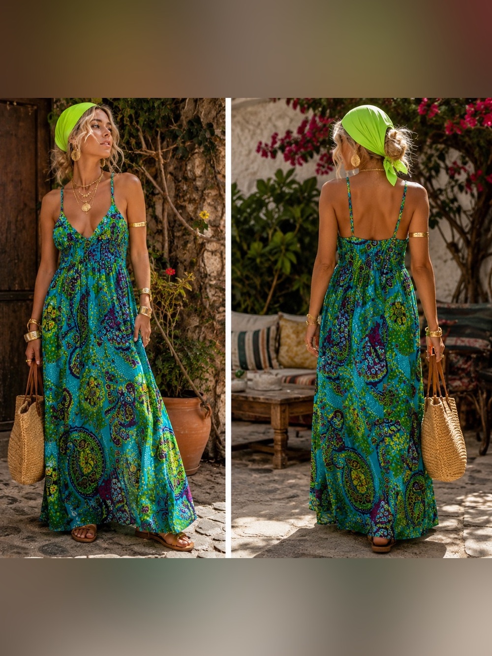Studio West Boho Paisley Cotton Maxi Dress US M Smocked Waist Adjustable Straps